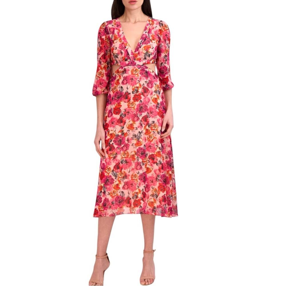JULIA JORDAN Pink Multi Long Sleeve Floral Midi Dress - Sz 14